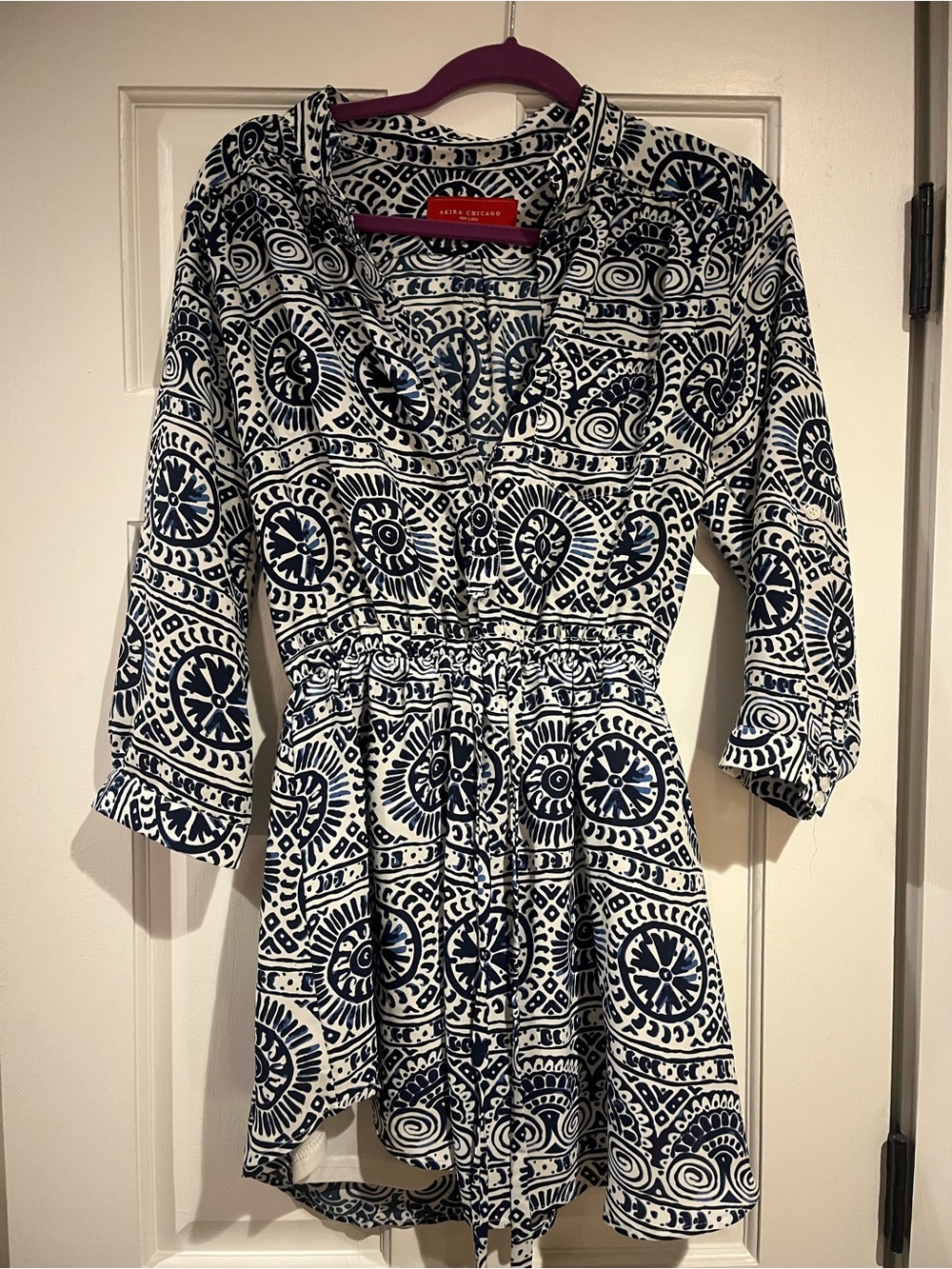 Navy and White Printed Midi Dress with Drawstring Waist